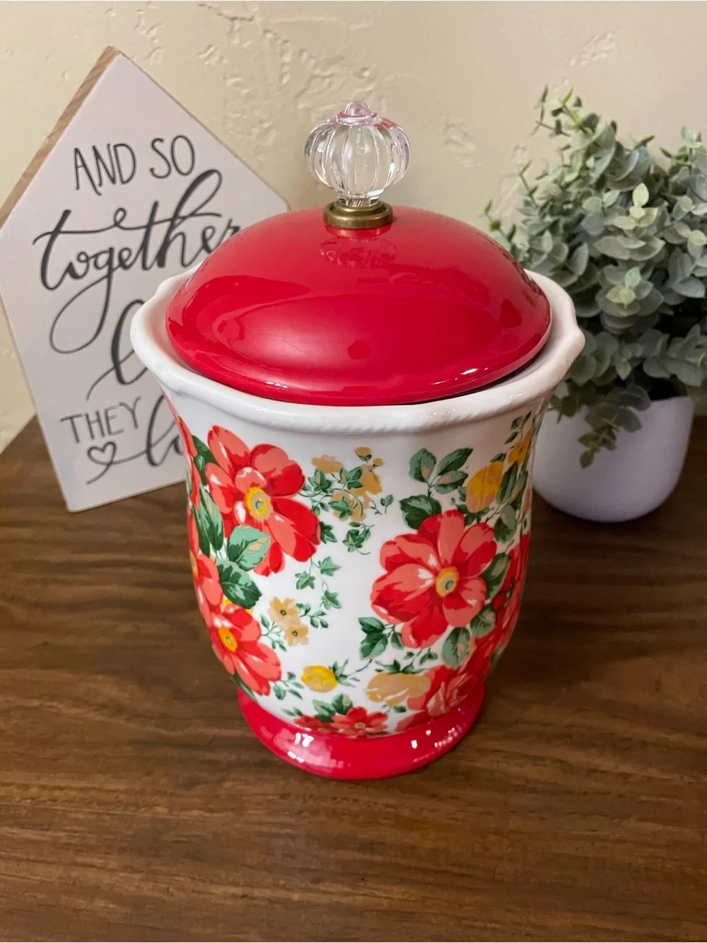 Pioneer Woman Cookie Jar Floral Ceramic Canister with Red Lid